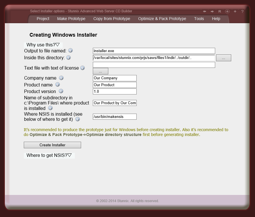 'Create installer for Windows' tool